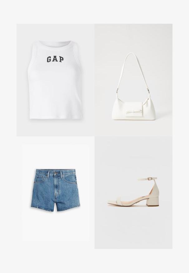 White sleeveless crop top made of ribbed fabric featuring a black "GAP" logo on the front. Rounded neckline with clean seams.; Denim shorts in light blue, featuring five pockets, a zip fly, and a button closure. The hem is frayed with a relaxed fit design.; Beige block-heeled sandal with a square toe. Features a slim ankle strap with a buckle, smooth leather-like texture, and a moderate heel height.; White synthetic handbag with a triangular shape, flat front flap and bow detail, adjustable strap, smooth texture, and minimalistic design.