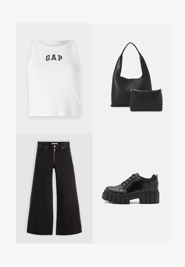 Top corto sin mangas blanco hecho de tela acanalada con un logo negro de "GAP" en la parte frontal. Cuello redondeado con costuras limpias.; Jeans de pierna ancha en denim negro con cierre frontal, diseño de cinco bolsillos y detalles de costura sutiles. Textura suave y estilo casual.; Zapatos de plataforma de cuero negro con un tacón cuadrado grueso, punta redonda y diseño tradicional de cordones. Presenta una textura suave y un detalle minimalista.; Even&Odd SET - Bolso de mano - black