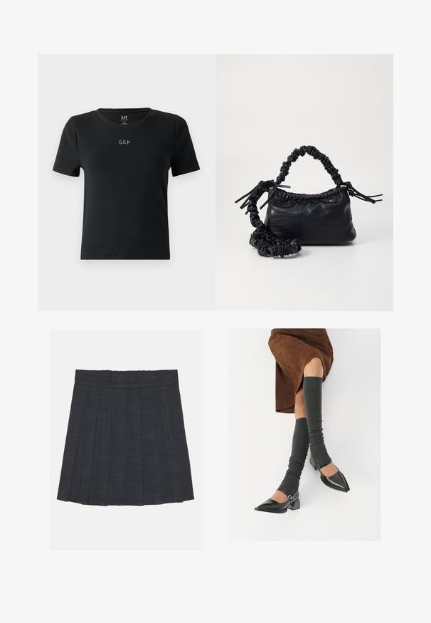Black short-sleeve t-shirt made of ribbed fabric, featuring a round neckline and a small embroidered "GAP" logo on the chest.; Dark gray pleated skirt with an elastic waistband, featuring a textured fabric and a classic A-line silhouette. Suitable for casual wear.; Black patent leather pointed-toe shoes with a block heel and ankle strap, paired with gray ribbed leg warmers and a brown suede skirt.; Black faux leather handbag with a crocodile texture, cinched top, and a scrunched strap. Appears soft and compact in design.