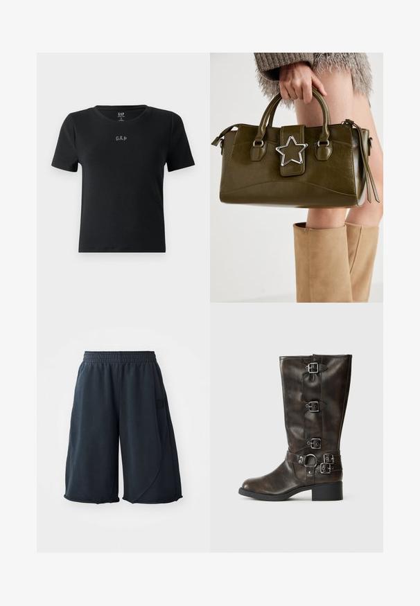 Fekete rövid ujjú póló bordás anyagból, kerek nyakkivágással és egy kis hímzett "GAP" logóval a mellrészen.; Fekete sportnadrág puha anyagból, rugalmas derékrésszel és oldalsó logóval. Sima tapintású, laza fit.; Barna bőrből készült, térdig érő, több csattal ellátott csizmák, kerek orral és alacsony, vastag sarkú kivitelben. Texturált felülettel és állítható pántokkal rendelkezik.; Olívazöld műbőr kézitáska ezüst csillag díszítéssel, dupla fogantyúval és cipzáros zárással. Texturált felület és formázott alak.