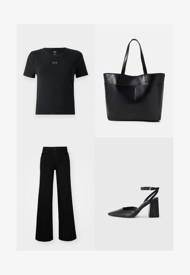 Black short-sleeve t-shirt made of ribbed fabric, featuring a round neckline and a small embroidered "GAP" logo on the chest.; Black wide-leg pants made of denim, featuring a structured waistband, belt loops, and front pockets. Smooth texture with a classic design.; Black leather pointy-toe pump with an ankle strap and a chunky heel. Flat texture, sleek design, and minimalistic aesthetics.; Black leather tote bag with two long handles, a smooth texture, and a structured shape. Features a front pocket for additional storage.
