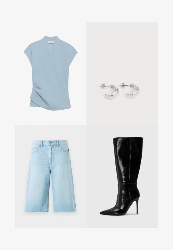 Šviesiai mėlynas trumpomis rankovėmis viršus su apvyniotu dizainu, švelnia tekstūra ir subtiliais siuvinėjimo detalėmis. Pagamintas iš patogios audinių mišinio.; Šviesiai mėlynos džinsinės šortai su laisvu siluetu, nusidėvėjusiu kraštu, penkiomis kišenėmis ir metaliniais detalėmis. Klasikinio džinsų dizaino su subtiliu išblukimu.; Juodos odinės iki kelių ilgio botai su smailiu nosiu ir aukštu stiletto kabliu. Lygi tekstūra ir stilingas dizainas, turintis minimalų detalizuotumą.; Sidabrinės auskarų kilpos su lygiu, blizgiu paviršiumi. Apvalios formos su šiek tiek išlenktu dizainu ir sumaišytomis briaunomis. Smeigtuko užsegimas.
