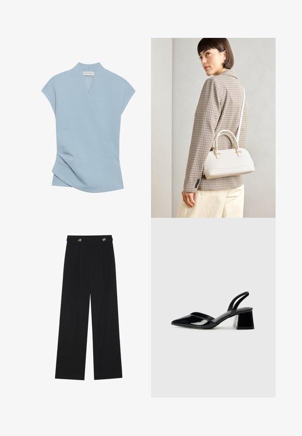 Top de manga curta azul-claro com um design envolvente, textura suave e detalhes de costura discretos. Feito de uma mistura de tecidos confortável.; Calças largas pretas com cintura alta, detalhes em botão na cintura e pregas frontais.; Sandy em verniz preto com salto slingback, ponta afilada e salto geométrico. Apresenta um design elegante e minimalista com textura suave.; Bolsa estruturada branca com alças curtas e uma alça de ombro, com detalhes em hardware dourado e material texturizado, exibida contra um fundo cinza.