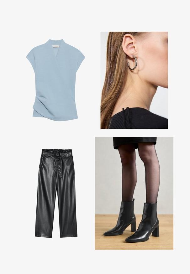 Hele sinine lühikeste varrukatega topp, mis omab mähise disaini, pehmet tekstuuri ja diskreetseid õmblusdetaili. Valmistatud mugavast kangasegust.; Must mustra aktiivse nahaga laiad püksid elastse kroogitud vöökoht ja eemaldatav sidumisrihm. Sile tekstuur ja minimaalne sära.; Mustad mustad jalanõud terava ninaga, paksu ruudukujulise kontsaga ja saleda disainiga. Omavad elastseid külgpaneele mugavaks selga tõmbamiseks.; Hõbedane rõngas kõrvarõngas poleeritud viimistlusega, millel on väikesed kuldsed aktsendid ja ümmargune kuju, kantud lobus.