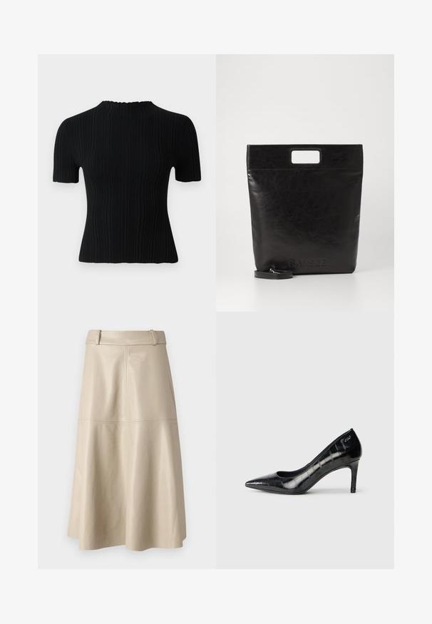 Top corto a maniche corte nero a costine con colletto alto. Presenta un tessuto texturizzato e una silhouette aderente, offrendo opzioni di stile casual e versatili.; Gonna midi in pelle beige con una texture liscia, vita ampia e orlo svasato; presenta cuciture per un dettaglio aggiuntivo.; Décolleté nere con punta affusolata, finitura lucida e un sottile motivo testurizzato. Presentano un tacco moderato e un design con apertura sulla parte superiore.; Borsa tote in pelle nera con manico quadrato, caratterizzata da una finitura testurizzata e logo impresso. Include una tracolla rimovibile.