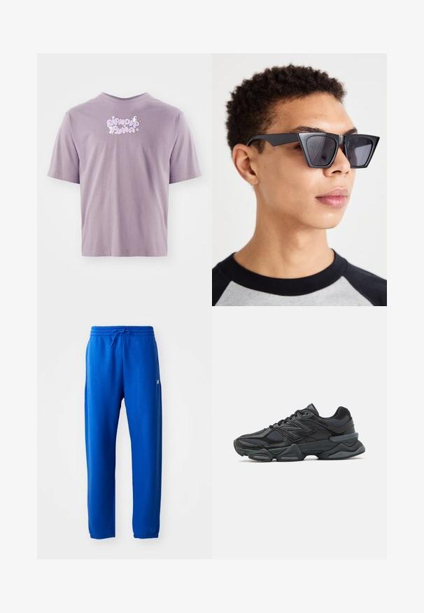 Lila T-shirt met korte mouwen met de tekst "Ripndip Plna", twee witte katten en kleine witte bloemen in lichtpaars en wit gedrukt op de borst.; Blauwe joggingbroek van zacht materiaal, met een elastische tailleband en trekkoord, taps toelopende pijpen en een klein logo detail aan de zijkant.; Zwarte hardloopschoen met een mix van mesh en synthetische materialen, een stevige zool, gebogen ontwerp en prominente branding op de zijkant.; Zwarte hoekige zonnebril met donkere lenzen, met een gedurfd geometrisch ontwerp en een matte afwerking. Draagt een persoon met kort haar.