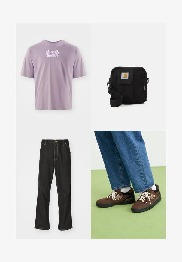 Lilla lühikeste varrukatega T-särk, millel on rinnal "Ripndip Plna" tekst, kaks valget kassi ja väikesed valged lilled, trükitud heledas lillakas ja valges värvitoonis.; Mustadest denimist püksid, lahtise lõikega, kontrastsete valgete õmblustega, nööbiga kinnitamine ja sirge säär.; Pruunist südame nahast tossud mustade aktsentidega ja valge logoga, millel on valged paelad ja tekstureeritud must kummitald. Kantud siniste teksapükste juurde.; Mustmust kott, millel on lukkudega peamine ruum, esikott, reguleeritav rihm ja nähtav logofirma kleebis kaasel.