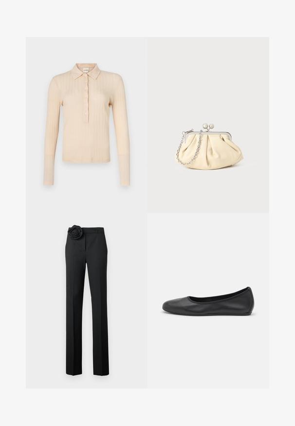 Polo a maniche lunghe in morbido tessuto a coste color pesca chiaro, con colletto, sette bottoni e una silhouette aderente.; Pantaloni neri con una vestibilità su misura, caratterizzati da un rosa in tessuto in vita, gambe dritte e una consistenza liscia.; Pantofole da balletto nere in pelle con punta arrotondata, texture liscia, dettagli di cucitura minimi e design con suola flessibile.; Clutch in pelle beige plissettata con una struttura in metallo argento, dotata di due chiusure decorative rotonde e una tracolla in catena argentata.