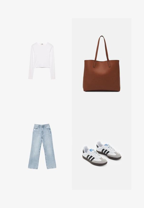 White long-sleeve crop top made from soft fabric. Features a round neckline and a simple, sleek design without any patterns or embellishments.; Light blue denim jeans with a wide-leg cut, distressed detailing, five-pocket design, and a zip-fly closure.; Sport shoes with a white leather upper, gray suede toe, and three black stripes. Features a blue logo on the tongue and a textured rubber sole.; Brown leather tote bag with a smooth texture, open top design, and two shoulder straps. Features minimal stitching and no visible hardware.
