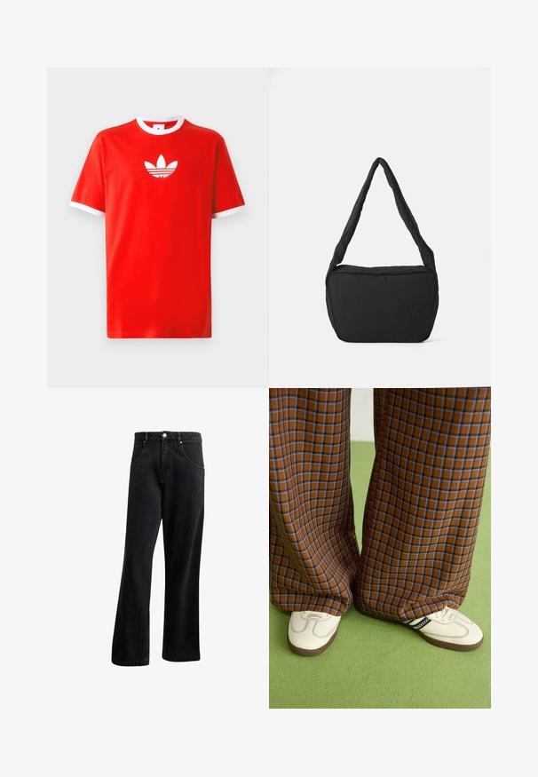 Sarkana kokvilnas T-kreklu ar baltu ribotu apkakli un piedurknēm. Centrā esošais baltais Adidas logotips ar trim svītrām virs logotipa.; Melnas džinsu auduma bikses ar taisnu kāju dizainu, kas piedāvā priekšējās kabatas, pogu aizdari un nelielu tekstūru. Iekļauta smalka logotipa detaļa.; Brūni un zili rūtaini platās kājas bikses, kas savienotas ar baltām kurpēm ar melniem akcentiem un teksturētām zolēm, uz zaļa fona.; Melnas plecu soma ar mīkstu tekstūru, apaļu formu un plašu siksnu, ar uzspiestu logotipu priekšpusē.
