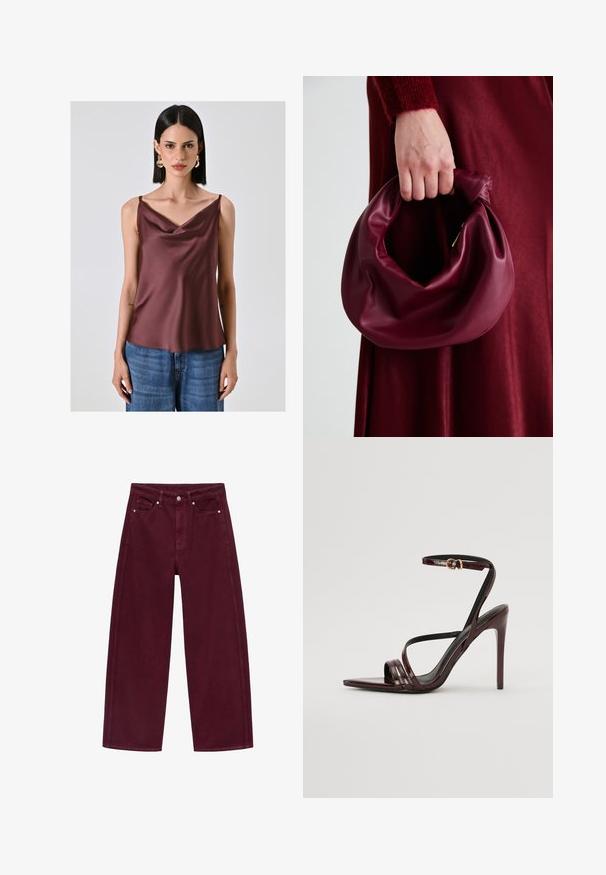 Ärmelloses Top mit Stehkragen aus dunkelburgunderfarbenem Satin, das eine glatte Textur und eine lässige Passform bietet. Kombiniert mit blauen Jeans.; Burgunderfarbene Schlagjeans aus Baumwoll-Denim, mit einem Vier-Taschen-Design und metallischem Knopfverschluss mit passender Naht.; Bordeaux-farbenes Lackleder-High-Heel-Sandale mit einem Knöchelriemen, spitzem Zehenbereich und drei horizontalen Riemen über dem Fuß. Details mit goldfarbener Schnalle.; Burgunderleder-Handtasche mit einem weichen, gerafften Design und einer gerundeten Form. Der Griff ist gesichert und zeigt eine glatte Textur.