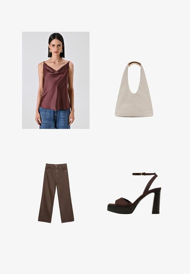 Ärmelloses Top mit Stehkragen aus dunkelburgunderfarbenem Satin, das eine glatte Textur und eine lässige Passform bietet. Kombiniert mit blauen Jeans.; Weite braune Jeans aus Denim, mit hoher Taille, Fronttaschen und klassischem Knopfverschluss. Glatte Textur mit feinen Nähten.; Braune Wildleder-Pumps mit offenem Zeh, verstellbarem Knöchelriemen und gestreiftem Plateausohlen.; Hellgraue Lederhandtasche mit einem U-förmigen Design und einem geschwungenen, metallischen Griff. Glatte Textur mit minimalen Nähten und ohne sichtbare Muster.