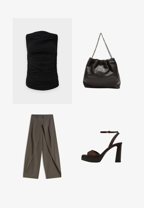 Top senza maniche nero con design arricciato, realizzato in tessuto elastico con una texture liscia, semplice senza ulteriori motivi o accenti.; Pantaloni a gamba larga realizzati in un tessuto testurizzato grigio scuro. Presentano una piega frontale, chiusura con bottone e tasche laterali per praticità.; Sandal in camoscio marrone con tacco alto, punta aperta, cinturino alla caviglia regolabile e suola a piattaforma striata.; Borsa in pelle marrone con parte superiore arricciata e tracolla a catena. Texture liscia con finitura lucida e dettagli di cucitura sottili sui lati.