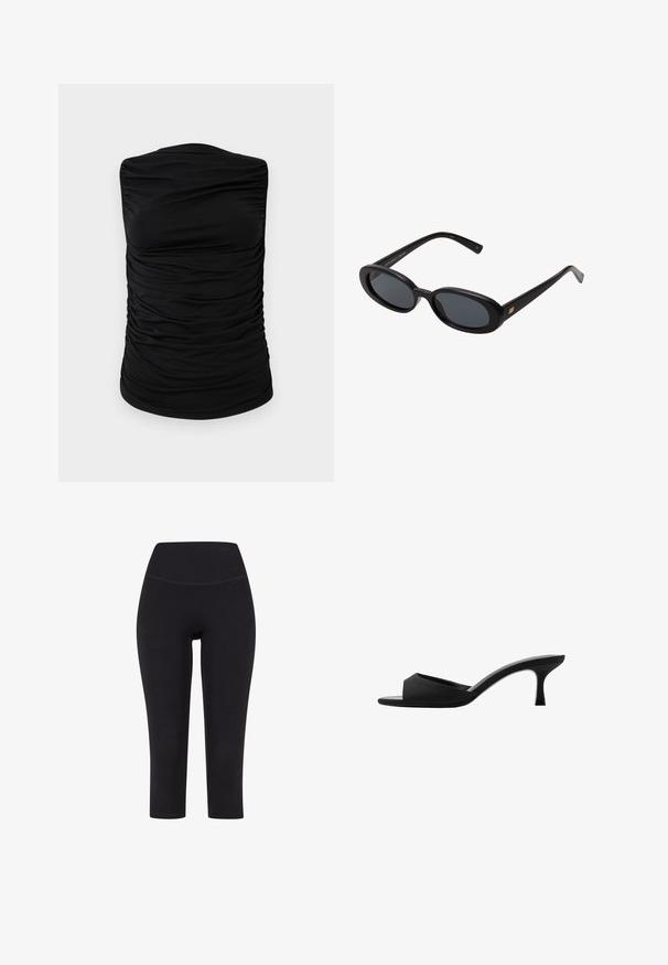 Zwarte mouwloze top met een gerimpeld ontwerp, gemaakt van rekbaar materiaal met een gladde textuur, eenvoudig zonder extra patronen of accenten.; Zwarte driekwart leggings van rekbare stof, met een hoge tailleband en zonder zichtbare patronen of hardware.; Zwarte hakken mules met een brede, open teen en een gebogen bovenkant. Gemaakt van textuurstof, met een slanke hak en een gladde zool.; Zwarte oversized zonnebril met ovale lenzen, een glad plastic montuur en gouden accenten op de pootjes. Donkere lenzen bieden bescherming tegen de zon.