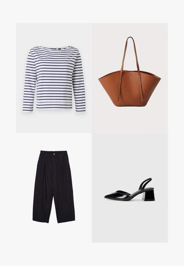 Črtasta dolgoročna majica v beli in mornarsko modri barvi, z barkovnim izrezom in sproščenim prilegom. Narejena iz mehke bombažne tkanine z našitimi robovi.; Črne poliesterske culotte hlače z elastičnim pasom, dvema sprednjima nabiranjema in ohlapnim krojem. Brez vidnih vzorcev ali kovinskih detajlov.; Črne lakirane slingback pete s koničastim nosom in geometrijsko blokasto peto. Imajo eleganten, minimalističen dizajn in gladko teksturo.; Rjava usnjena torba tote z široko, strukturirano obliko, tankimi ročaji in teksturirano površino. Opremljena je z minimalističnim oblikovanjem brez vidne opreme.