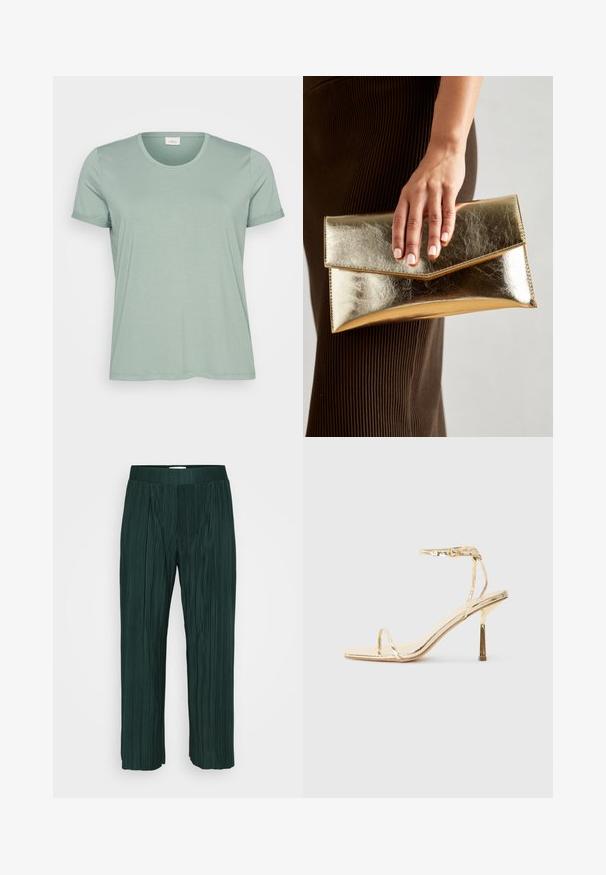 Šviesiai žalia trumpomis rankovėmis marškinėliai, pagaminti iš minkštos medžiagos, su apvalia iškirpte ir suklaidintomis rankovėmis. Lygus paviršius, šiek tiek laisvas kirpimas.; Tamsiai žali pločio kojų klostuoti kelnių su elastine juostele, eksponuojami prieš paprastą baltą foną.; Auksinės metalinės aukštakulnės šlepetės su kvadratiniu smailiu pirštu, plona kulkšnies juostele ir elegantišku, minimalistiniu dizainu, blizgiu paviršiumi.; Auksinės metalinės rankinės su lygiu paviršiumi, kuri turi trikampio formos užsegimą. Ranką laikančioji turi tvarkingai prižiūrėtus nagus.