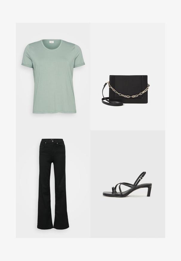 Gaiši zaļš īsai piedurknei t-krekls, izgatavots no mīksta auduma ar apaļu kakla izgriezumu un sarullētām piedurknēm. Gluda tekstūra, nedaudz brīva piegriezuma.; Melnas flared džinsas, izgatavoti no denima, ar augstu jostasvietu, piecām kabatām un metāla pogu aizdari. Gluda tekstūra ar minimālu apdari.; Melnas strappy sandales ar kvadrātveida purngaliem un zemu bloku papēdi. Ievērojamas ar vairākiem plāniem siksniņām un regulējamu potītes siksniņu. Izgatavotas no gludas ādas.; Melna ādas crossbody soma ar gludu faktūru, taisnstūrveida formu un metalizētu ķēdes detaļu priekšā. Iekļauta regulējama siksna.
