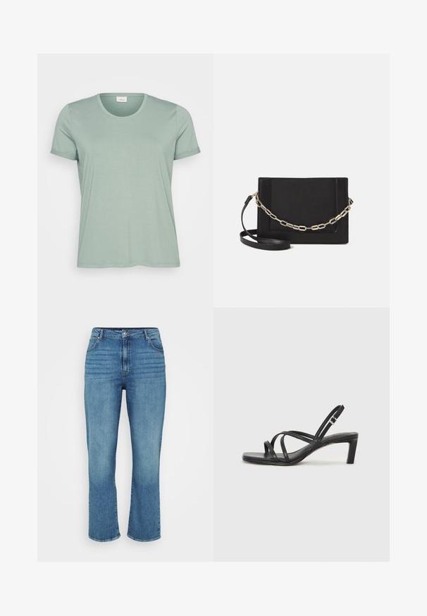 Svetlozelené tričko s krátkym rukávom vyrobené z jemnej látky s okrúhlym výstrihom a zvormi na rukávoch. Hladká textúra, mierne uvoľnený strih.; Svete modré džínsy s rovnými nohavicami, ktoré majú päť vreciek, pútka na opasok a jemné vyblednutie vpredu.; Čierne sandále na vysokom podpätku so štvorcovou špičkou a nízkym blokovým podpätkom. Obsahujú viacero tenkých popruhov a nastaviteľný členkový popruh. Vyrobené z hladkej kože.; Čierna kožená crossbody taška s hladkou textúrou, obdĺžnikovým tvarom a kovovým reťazovým detailom na prednej strane. Súčasťou je nastaviteľný popruh.; Strieborný prsteň s dvojitým pásikom s hladkým, lesklým povrchom. Má plynulý, zakrivený dizajn s prekryvajúcimi sa časťami pre moderný vzhľad.