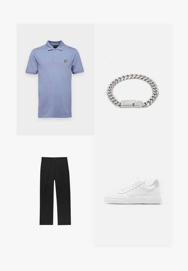 Lyle & Scott PLAIN - Pólóing - crafted blue; Fekete nadrág egyenes szárú kialakítással, sima anyagból készült. Elöl redők és egy gombos záródás található a derékon.; Fehér bőr sportcipő sima felülettel, kerek orral, lapos fűzőkkel és textúrált talppal. Szürke velúr díszítés a saroknál.; Calvin Klein ELECTRIC - Karkötő - silver-coloured