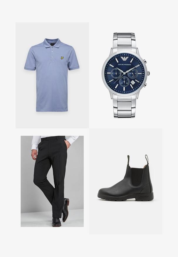 Lyle & Scott Polotričko - crafted blue; Černé společenské kalhoty s dobře padnoucím střihem, vyrobené z hladkého materiálu, s rovnými nohavicemi a poutky na opasek, doplněné o lesklé černé společenské boty.; Černá kožená Chelsea obuv s elastickými bočními panely, poutkem na patě, robustní gumovou podrážkou a prošívanými detaily. Hladký povrch po celém obvodu.; Emporio Armani Hodinky se stopkami - silver-coloured
