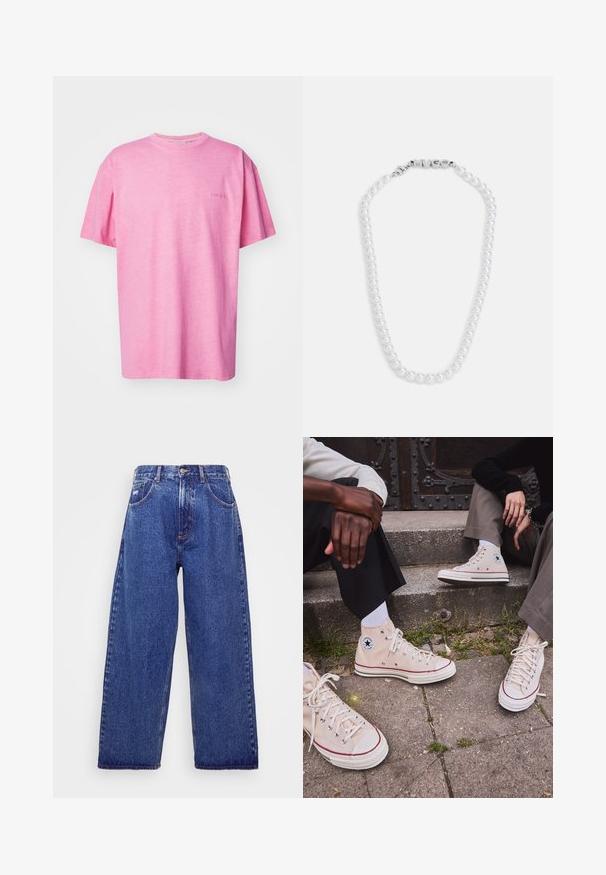 Carhartt WIP DUSTER SCRIPT - T-shirt basic - charm pink; Wijd gesneden, blauwe denim jeans met een hoge taille, voorzien van vijf zakken, een knoopsluiting en subtiele vervaging voor textuur.; Beige hoge canvas sneakers met rode streep, witte rubberen zool en metalen oogjes, met het iconische sterrenlogo aan de zijkant.; Witte parelketting met een gladde textuur, voorzien van een zilveren sluiting met het ingedrukte woord "HUGO." Evenveel gekleurde parels in een klassiek ontwerp.