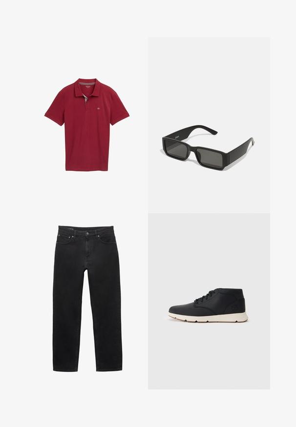 Červené polo tričko s límečkem, krátkými rukávy a texturovanou tkaninou. Na levé straně hrudi má malé logo.; Černé džíny z denimu se střihy rovného nohavice, vybavené předním zapínáním na knoflík a klasickým pětipocket designem.; Černé kožené chukka boty s bílou gumovou podrážkou, s kulatými tkaničkami a božím logem embosovaným na patě. Hladký povrch po celém obvodu.; Černé sluneční brýle s obdélníkovými čočkami, matný plastový rám a rovné okraje. Obsahují logo značky na vnitřní straně ramena.