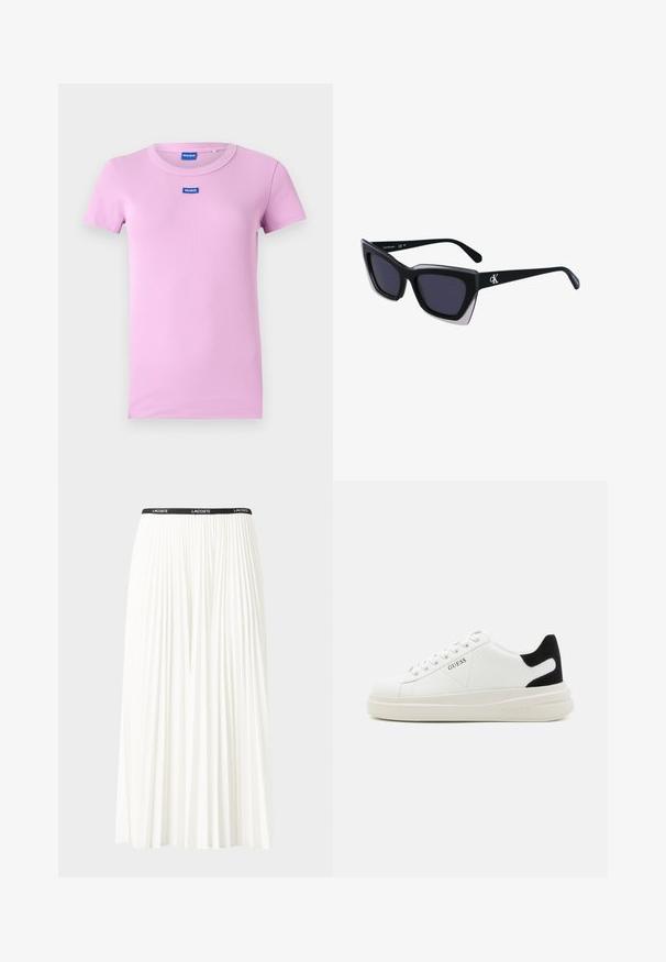 Roze t-shirt met korte mouwen, gemaakt van ribbelstof. Heeft een ronde halslijn en een klein blauw "HUGO" logo op de borst.; Plisséminirok in het wit met een zwarte elastische tailleband met het "LACOSTE"-logo. Middellange ontwerp met een zachte textuur.; Witte leren sneakers met een dikke witte zool, zwarte suède hielaccent en een geperst logo op de zijkant. Vetersluiting met zes oogjes.; Zwarte oversized zonnebril met een geometrische vorm, voorzien van donkere glazen en een contrasterend grijs detail op het montuur. Logo op de arm.