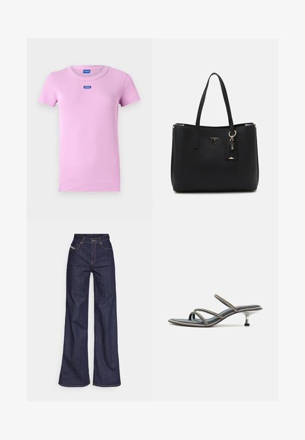 Ružová tričko s krátkym rukávom vyrobené z rebrovanej látky. Má okrúhly výstrih a malú modrú nálepku "HUGO" na hrudi.; Tmavomodré široké džínsy z denimu s vysokým pásom, zdobené oranžovým šitím, päť vreckovým dizajnom a zapínaním na gombík.; Denimové sandále s tromi tenkými popruhmi ozdobenými kamienkami, špicatou špičkou a kovovým, ihlovým podpätkom. Neklzká základňa.; Čierna taška cez plece vyrobená z textúrovaného syntetického materiálu, so zatahovacími popruhmi, zlatou logovou tabuľkou a malou značkou s akcentovou detailou.