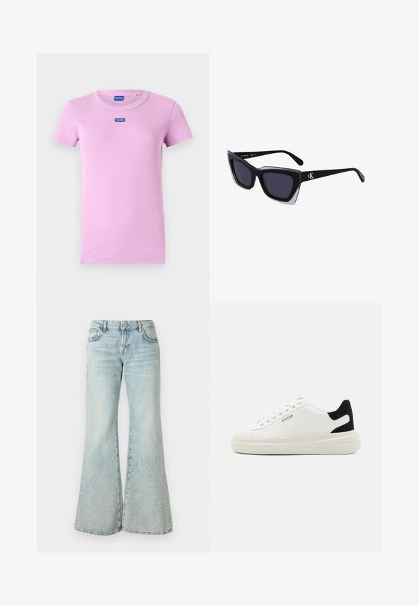 Lyserød kortærmet t-shirt lavet af ribbet stof. Har en rund halsudskæring og et lille blåt "HUGO" logo på brystet.; Lyseblå flared jeans lavet af denim, med høj talje, lommer og frynset kant. Stoffet har et slidt look og en subtil struktur.; Hvide lædersneakers med en tyk hvid sål, sort ruskindhælvægt og prægede logoer på siden. Snørebåndsdesign med seks øjer.; Store sorte oversized solbriller med geometrisk form, med mørke linser og en kontrasterende grå detalje på stellet. Logo på armen.