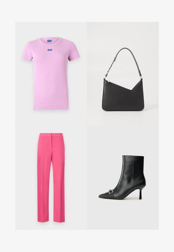 Ružová tričko s krátkym rukávom vyrobené z rebrovanej látky. Má okrúhly výstrih a malú modrú nálepku "HUGO" na hrudi.; Ružové elastické nohavice so strmým strihom, s hladkou textúrou a ostrými záhybmi vpredu.; Čierna kožená členková obuv s špicatou špičkou, štíhlým stredne vysokým podpätkom a striebornou sponou na boku na jednoduchom pozadí.; Čierna kožená kabelka trojuholníkového tvaru so štíhlym popruhom a striebornými kovovými prvkami. Obsahuje zips na uzatváranie a embosované logo na prednej strane.