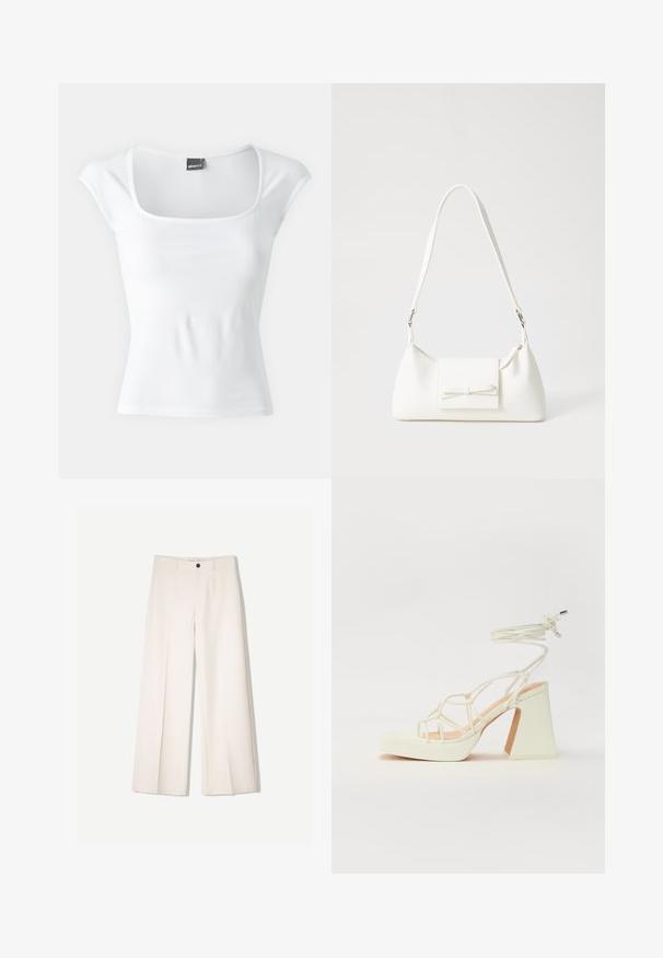 Gina Tricot SOFT TOUCH TIGHT TOP - Tricou cu imprimeu - offwhite; Pantaloni largi de culoare crem, cu un design croit, având două buzunare la față și o închidere cu un singur nasture în față, realizați dintr-un material neted.; Sandale albe cu toc înalt și gros, cu un design cu curele și legătură la gleznă. Textură netedă, cu o platformă frontală pentru înălțime suplimentară.; Geantă sintetică albă, cu formă triangulară, capac frontal plat și detaliu cu fundă, curea ajustabilă, textură netedă și design minimalist.
