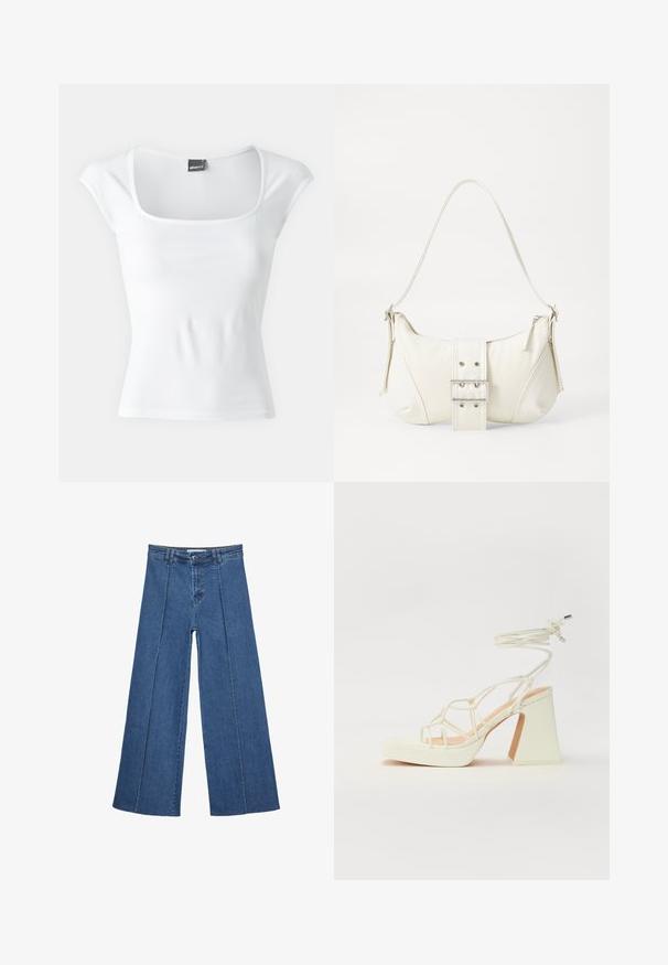 Gina Tricot SOFT TOUCH TIGHT TOP - Tričko s potlačou - offwhite; Rovné džínsy s širokými nohavicami v strednom modrom odtieni, so zvýšeným pásom, zapínaním na gombík a kontrastnými vertikálnymi švami pozdĺž prednej strany.; Biele sandále na vysokom opätku s hrubým podpätkom, s pruhovaným dizajnom a viazaním na členku. Hladký povrch s platformou vpredu pre zvýšenú výšku.; Biela taška cez rameno s textúrovaným povrchom, centrálnou prackou a zakriveným tvarom. Zipsy na oboch stranách.