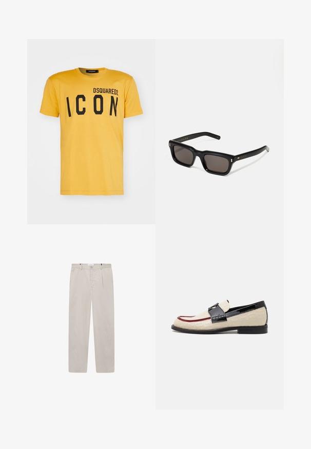 DSQUARED2 ICON COOL FIT TEE - Print T-shirt - sunflower; Light beige trousers made of soft fabric, featuring a straight cut, two side pockets, and a front button closure. Lightweight and smooth texture.; Beige loafers with embossed pattern, red accent stripe, and glossy black heel. Features a strap with buckle detail. Flat black sole.; Black rectangular sunglasses with dark lenses, thick plastic frame, gold accents on temples, and brand logo engraved on the arm.