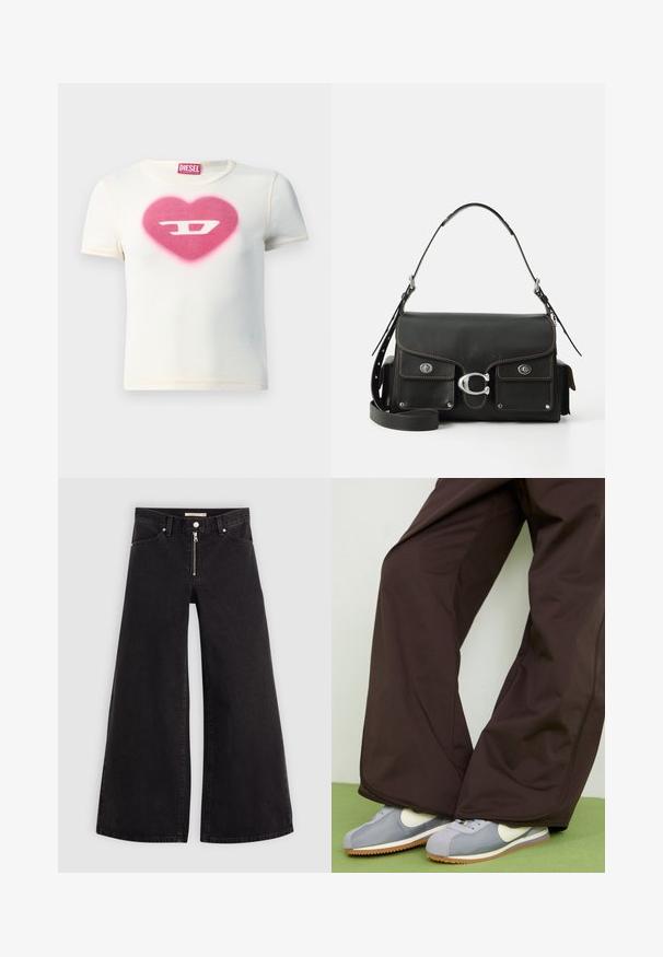 Bílý krátký rukáv tričko s designem růžového srdce a písmenem "D" uprostřed, vyrobené z žebrované tkaniny s kontrastními švy.; Džíny s širokými nohavicemi v černém denimovém provedení se zipem vpředu, pěti kapsami a jemnými švy. Hladká textura a ležérní styl.; Hnědé kalhoty širokého střihu s hladkým povrchem a detaily po stranách, spárované se šedobílými retro teniskami s gumovou podrážkou.; Černá kožená kabelka se sklápěcí klopou, stříbrnými kovovými prvky, dvěma předními kapsami, kontrastním prošíváním a odnímatelným ramenním popruhem.