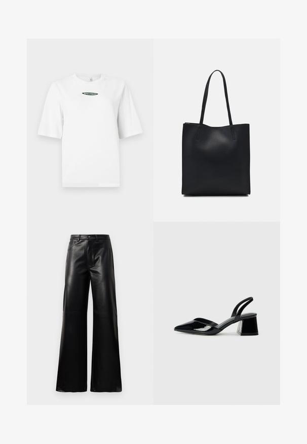 White short-sleeve t-shirt made of cotton, featuring a green "RIPE&FRESH" logo centered on the chest in an oval design.; Black high-waist wide-leg faux leather pants with front button, zip closure, belt loops, and side pockets on white background.; Black patent leather slingback heels with a pointed toe and a geometric block heel. Features a sleek, minimal design and smooth texture.; Black leather tote bag with smooth texture, rectangular shape, and two long handles. No visible hardware or embellishments.
