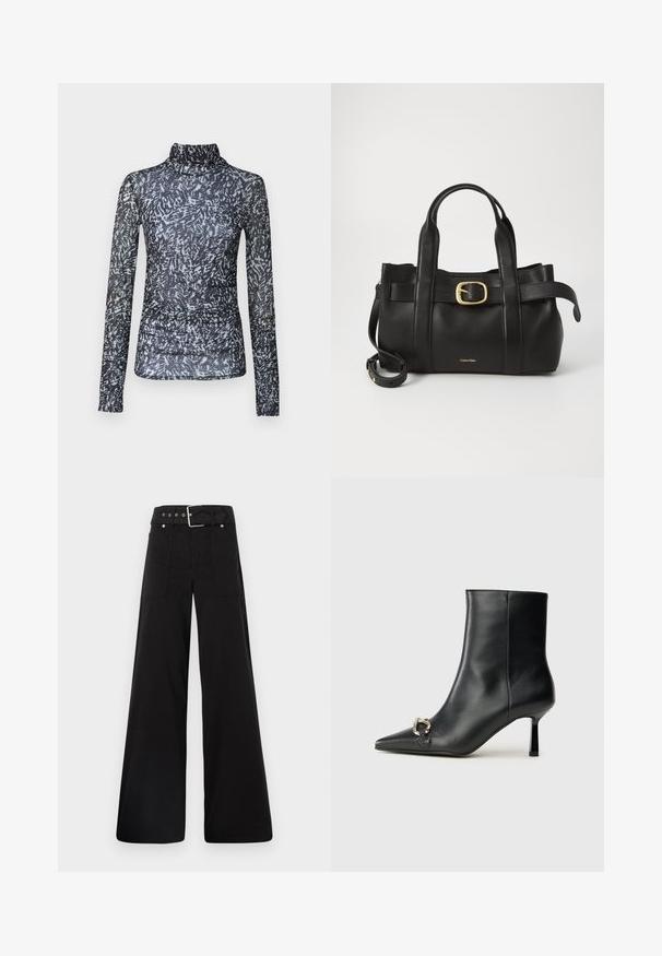 Top a maniche lunghe con collo a lupetto in tessuto nero trasparente con motivi astratti bianchi e grigi; presenta dettagli arricciati in vita.; Pantaloni neri a gamba larga realizzati in cotone, con vita alta, ampie tasche laterali e vita con cintura arricchita da dettagli in metallo argentato.; Stivale alla caviglia in pelle nera con punta affusolata, tacco sottile di media altezza e dettaglio in fibbia argentata sul lato, su sfondo semplice.; Borsa a mano in pelle nera con un design strutturato, doppie maniglie superiori, accentuazione in metallo dorato e logo del marchio in rilievo sul davanti.