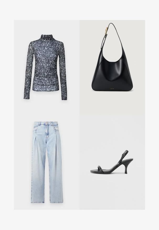 Top a maniche lunghe con collo a lupetto in tessuto nero trasparente con motivi astratti bianchi e grigi; presenta dettagli arricciati in vita.; Jeans in denim azzurro chiaro con vita alta, taglio a gamba larga, due tasche laterali e design plissettato. Texture morbida con una finitura sbiadita.; Sandali con tacco alto in pelle nera, con tacco sottile e curvo e design a fascia incrociata. Cinghia alla caviglia regolabile. Texture liscia.; Borsa a spalla in pelle nera con texture liscia, silhouette curva e dettagli in oro. Presenta il logo del brand impresso nella parte inferiore.