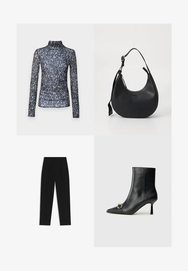 Langarm-Oberteil mit Mock-Neck aus transparentem schwarzen Stoff mit abstrakten weißen und grauen Mustern; verfügt über geraffte Details an der Taille.; Schwarze Hose mit geradem Schnitt, doppelten Falten, einer glatten Textur und einem klassischen Bunddesign. Keine sichtbaren Beschläge oder Akzente.; Schwarze Leder-Stiefelette mit spitzer Zehe, schlankem, mittelhohem Absatz und silberner Schnalle seitlich vor einem schlichten Hintergrund.; Schwarze Leder-Schultertasche mit einer geschwungenen Form, Reißverschluss und verstellbarem Tragegurt. Mit eingeprägtem Markenlogo auf der Vorderseite.