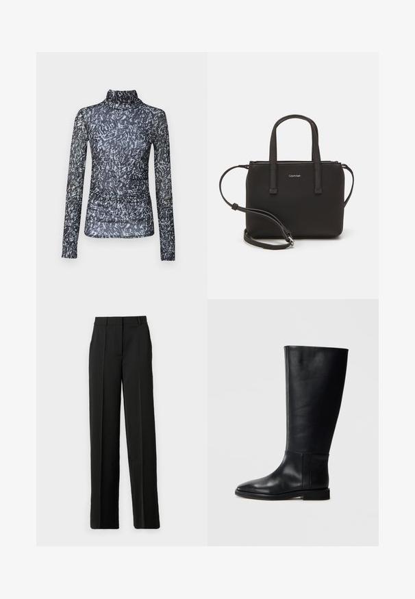 Dlouhý rukáv, top s falešným límcem z průsvitné černé látky s abstraktními bílými a šedými vzory; obsahuje nařasené detaily v oblasti pasu.; Černé kalhoty s širokými nohavicemi vyrobené z hladkého materiálu, s plochým pasem, poutek na opasek a přiléhavým střihem bez kapes.; Černá kožená vysoká bota s kulatou špičkou, hladkou texturou, minimalistickým designem a plochou podrážkou. Jednoduché švy na holeně.; Černá kabelka s dvojitými krátkými uchy a odnímatelným ramenním popruhem. Hladký koženkový materiál s uzávěrem na zip a detailem loga.
