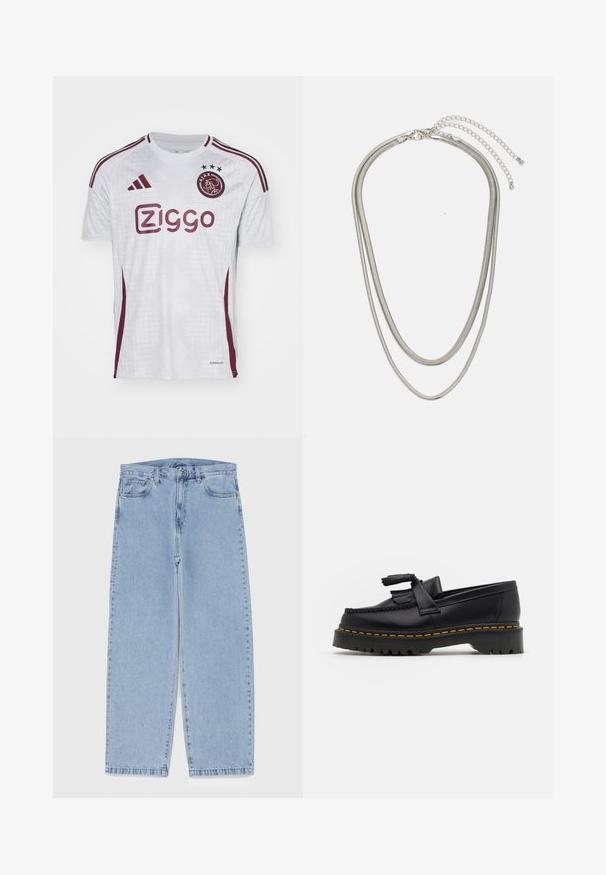 Maglia da calcio bianca con accenti bordeaux, motivo a zigzag e logo adidas. Presenta "Ziggo" in bordeaux e tre stelle sopra uno stemma.; Jeans in denim azzurro chiaro con design a gamba dritta, caratterizzati da una vita media, cinque tasche e chiusura con bottone e zip.; Mocassino in pelle nera con un'accento a frange, dotato di una suola nera spessa e cuciture gialle lungo il bordo. Finitura testurizzata.; Collana in metallo argentato a tre strati caratterizzata da catene sottili e flessibili con una leggera lucentezza, fissata con un gancio a molla e una catena regolabile.