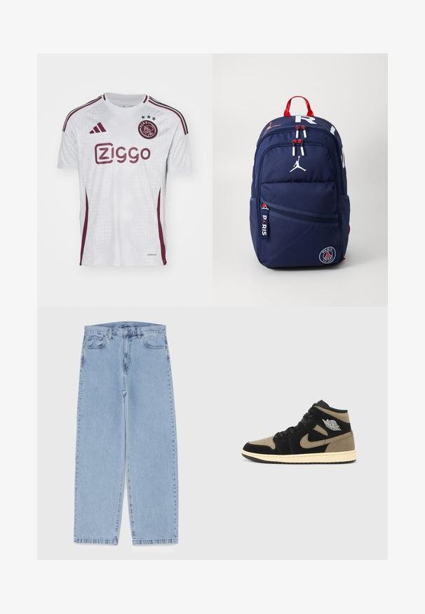 Maglia da calcio bianca con accenti bordeaux, motivo a zigzag e logo adidas. Presenta "Ziggo" in bordeaux e tre stelle sopra uno stemma.; Jeans in denim azzurro chiaro con design a gamba dritta, caratterizzati da una vita media, cinque tasche e chiusura con bottone e zip.; Sneakers alte in suede nero e marrone chiaro, punta traforata, suola beige, lacci neri e logo argentato sul lato.; Zaino navy con accenti rossi, numerosi scomparti con zip, toppe con logo e spallacci regolabili. Realizzato in tessuto resistente.