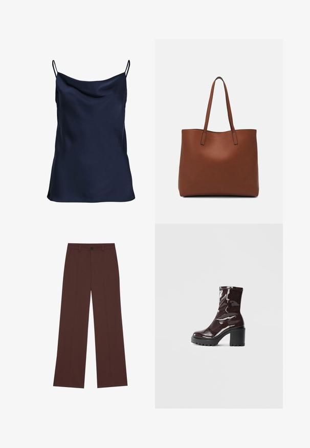 Tumedat sinistest satiinist cami-top, millel on voolav kaelus, õhukesed reguleeritavad rihmad ja pehme, sile tekstuur. Lihtne disain ilma mustriteta.; Laiad pükstehised rikkalikus pruunis kangas. Omavad nööbikinnitust, kahte eesmist taskut, sujuvat tekstuuri ja puhtaid jooni.; Klakav läikiv burgundi värvi pahkluu saabas, millel on paks must konts, sile tekstuur ja lihtne disain. Nähtavad kinnitused või mustrid puuduvad.; Pruun nahast tote-kott, millel on sile tekstuur, avatud ülaosa disain ja kaks õlarihma. Omab minimaalset õmblust ja nähtavat riistvara ei ole.