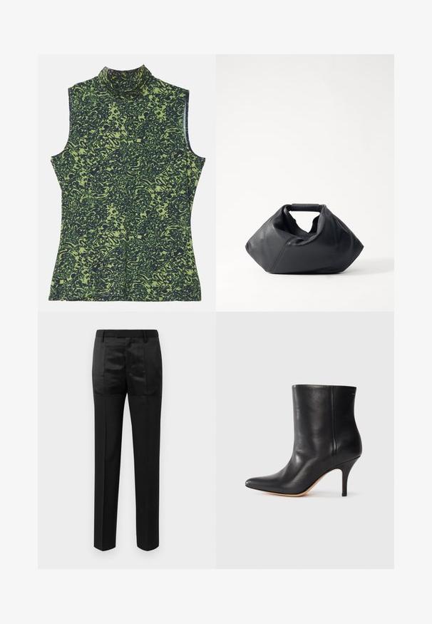 Majica bez rukava s visokim ovratnikom u zelenoj i tamnoplavoj kombinaciji, s teksturiranim, organskim motivom. Mekana tkanina s opuštenim krojem.; Crne krojene hlače ravnih nogavica s pojasom s petljama za remen, koje sadrže kombinaciju mat i sjajnih materijala.; Crne kožne gležnjače s izdignutim nosom, uskim stiletto potpeticama i glatkom teksturom. Minimalistički dizajn bez vidljivih hardverskih elemenata ili ukrasa.; Crna kožna torba s teksturiranom vanjštinom, jedinstvenog naboranog oblika i kratkim ručkama. Sadrži jedan glavni odjeljak.