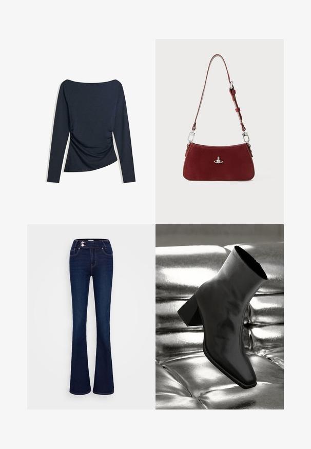 Marineblaue Langarmbluse mit Bootsausschnitt und Raffungen an der Seite, flach auf einem weißen Hintergrund ausgebreitet.; Dunkelblaue Schlagjeans mit hoher Taille, zwei Fronttaschen und zwei Knopfverschlüssen. Hergestellt aus Denim mit glatter Textur.; Schwarzer Knöchelstiefel aus glänzendem Material mit quadratischer Zehenform und verjüngtem Absatz, vor einem glänzenden silbernen gepolsterten Hintergrund.; Rote Wildleder Schultertasche mit einer curved Form. Verfügt über einen silberfarbenen Akzent und einen verstellbaren Trageriemen mit Hardware-Details. Glatte Textur.