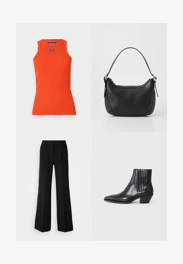 Narancssárga bordás ujjatlan felső, kerek nyakkivágással. Elöl kék Hugo logóval. Simaság jellemzi.; Fekete nadrág sima anyagból, magas derekú, bőszárú szabással, és két elülső pliszével a dizájn részletessége érdekében.; Fekete bőr bokacsizma hegyes orral, elasztikus oldalsó panelekkel, amelyek függőleges bemetszésekkel rendelkeznek, és alacsony blokk sarkú. Sima textúrájú és elegáns dizájn.; Fekete bőr kézitáska ívelt formával, ezüst cipzárral és rövid fogantyúval. Az elején diszkrét logó található, és sima tapintású.