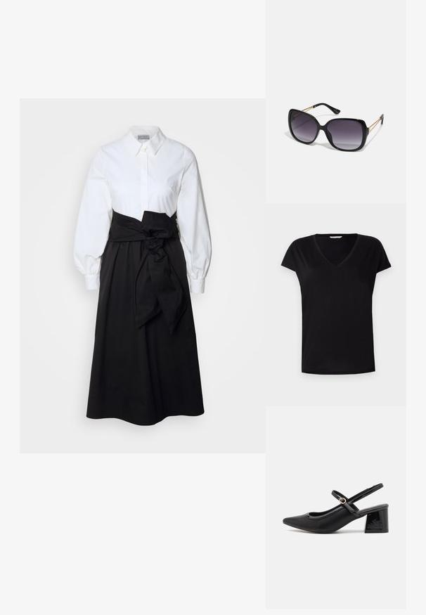 Black short-sleeve V-neck T-shirt made of smooth fabric. Features a classic cut with a subtle seam along the neckline and sleeves.; White button-up top with long puff sleeves, paired with a black skirt and fabric belt tied at the waist, made from smooth cotton material.; Black patent leather slingback heels with a pointed toe, a rounded cutout design, and a block heel. Features a gold-tone buckle accent.; Black oversized sunglasses with gradient lenses, thick frames, and gold-tone chain detailing on the temple arms.; Black tote bag made of synthetic material, featuring simple rectangular design, gold square accents, and double handles.