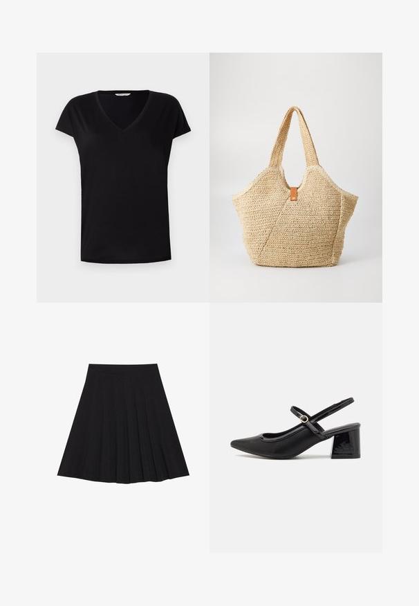 Maglietta nera a maniche corte con scollatura a V realizzata in tessuto morbido. Presenta un taglio classico con una cucitura sottile lungo il colletto e le maniche.; Gonna nera plissettata realizzata in tessuto strutturato con una vita aderente. Cade all'altezza del ginocchio, presentando una silhouette liscia e pulita.; Décolleté in vernice nera con cinturino dietro, punta affusolata, design con ritagli arrotondati e tacco a blocco. Presenta un accento di fibbia tono oro.; Grande borsa a tracolla in paglia con un esterno beige testurizzato e due manici larghi. Presenta una cintura in pelle come chiusura.