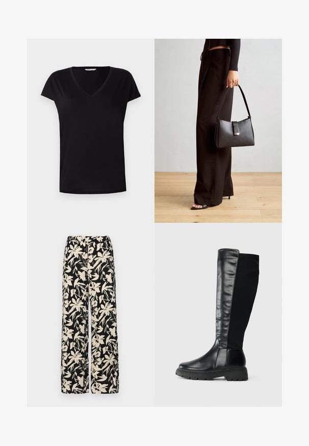 Sort kortærmet V-hals T-shirt lavet af glat stof. Har en klassisk pasform med en diskret søm langs halsudskæringen og ærmerne.; Sorte vide bukser med et mønster af cremefarvede blomster. Lavet af letvægtsstof, som har en glat tekstur og en høj talje.; Sorte knæhøje støvler med en glat læderfront og stofbagside, der har en struktureret gummisål og en rund tå.; Sort håndtaske med struktureret form, glat overflade og metalspænde. Sammen med brede sorte bukser og sandaler med åben tå på trægulv.