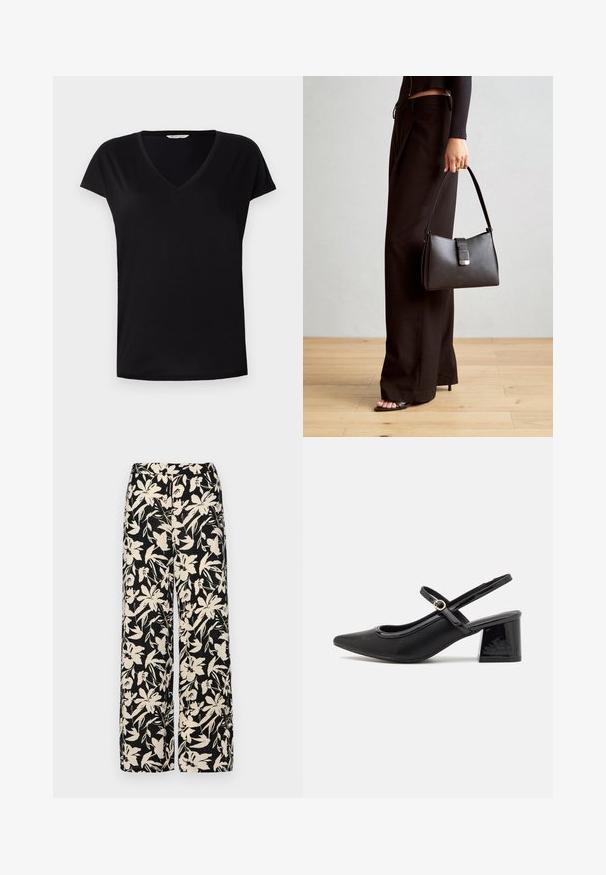 Melnas īsām piedurknēm V veida kakla krekls, kas izgatavots no gludas auduma. Tam ir klasiskā piegriezuma forma ar smalku šuvumu ap kakla un piedurkņu malu.; Melni platie bikses ar krēmkrāsas ziedu rakstu. Izgatavotas no viegla auduma, kuram ir gluda tekstūra un augsta jostasvietas daļa.; Melns patentēts ādas sandales ar norādīta pirksta formu, noapaļotu izgriezuma dizainu un bloķētu papēdi. Iezīmēta ar zelta toņa sprādzi.; Melnā somiņa ar strukturētu formu, gludu tekstūru un metālu sprādzi. Saskaņota ar platām melnām biksēm un sandālēm ar atvērtu purngalu uz koka grīdas.