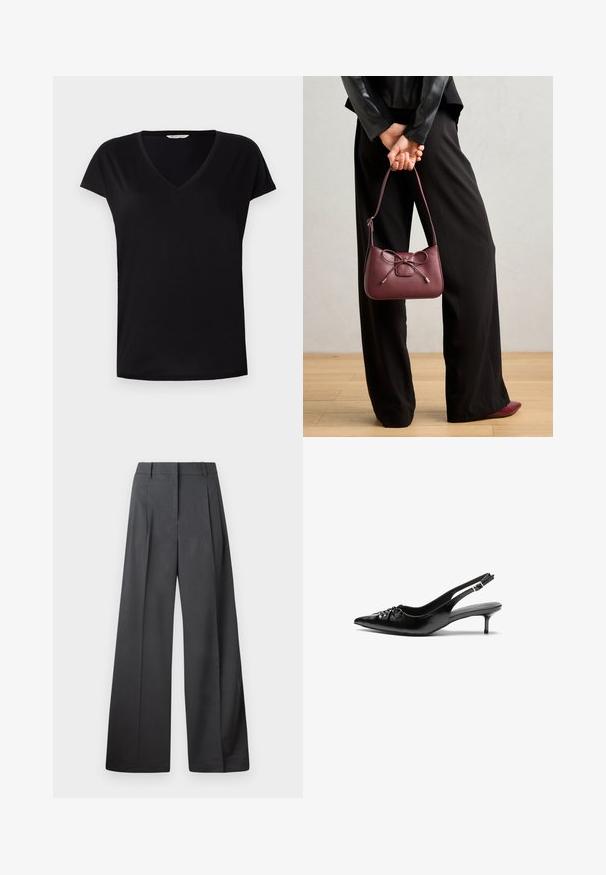Juoda trumpomis rankovėmis V formos iškirpės marškinėliai, pagaminti iš lygios medžiagos. Turi klasikį kirpimą su subtiliu siūlu aplink iškirptę ir rankoves.; Tamsiai pilkos plačios kojos kelnės, turinčios aukštą liemenį, vieną raukšlę ir sklandžią tekstūrą su tvarkingais kraštais.; Juodos odinės slingback aukštakulniai su smailiu nosiu, mažais katės kulnais ir dekoratyvine mazgo detale priekyje. Visas paviršius lygus.; Vyno raudonos odinės rankinės su kaspino detale, su plonu dirželiu ir auksinės spalvos detalėmis, kurią laiko žmogus vilkintis juodas kelnes.